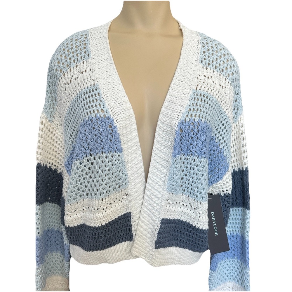 Le Lis Collection Crochet Cardigan Crop Women's Medium Striped White Blue NWT